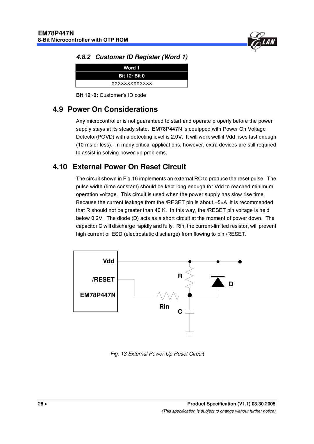 IBM EM78P447N manual Power On Considerations, External Power On Reset Circuit, Customer ID Register Word, Word Bit 12~Bit 