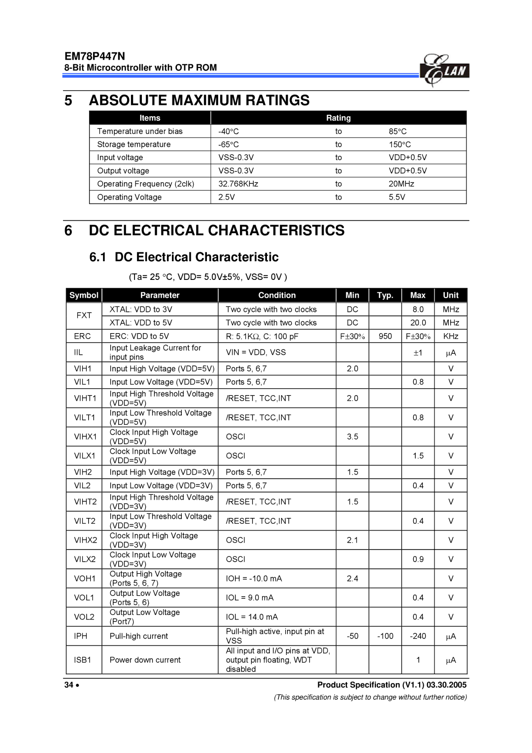 IBM EM78P447N manual DC Electrical Characteristic, Ta= 25 C, VDD= 5.0V±5%, VSS=, Items Rating 