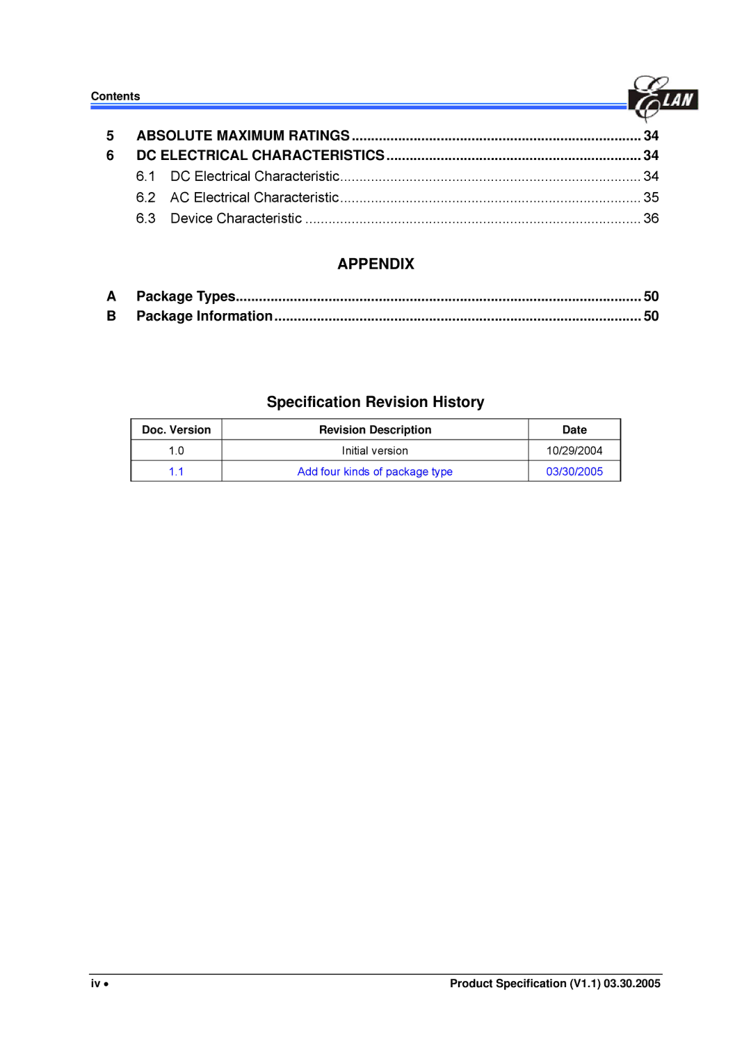 IBM EM78P447N manual Specification Revision History 