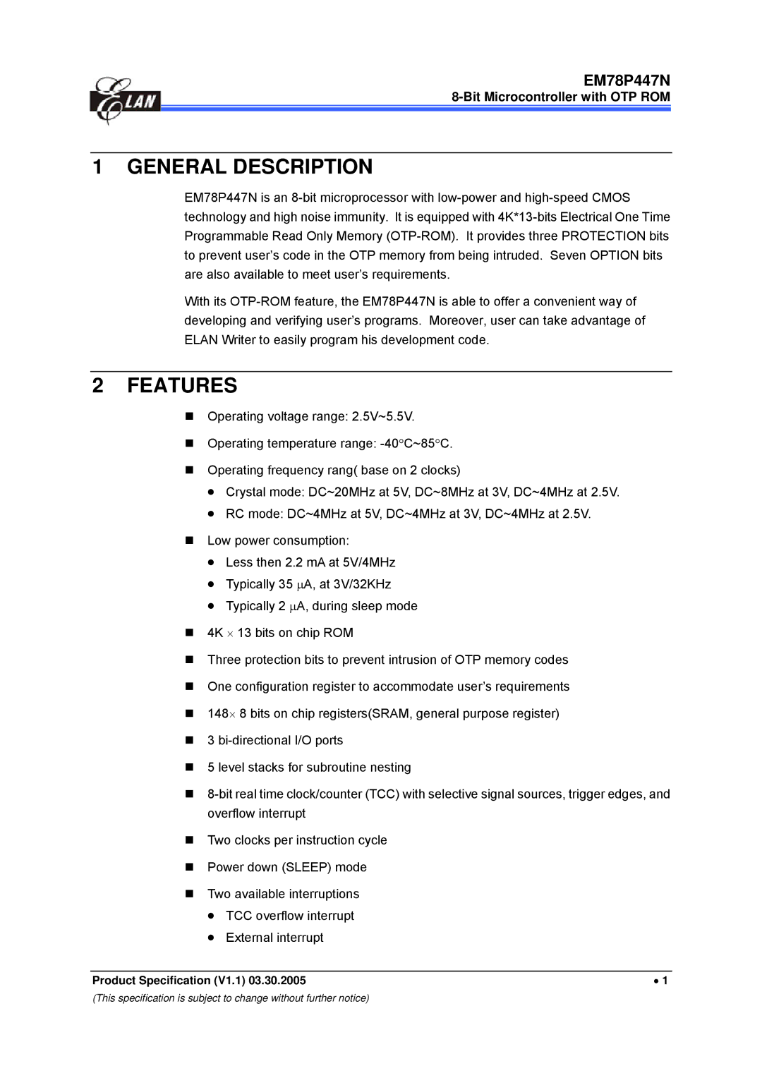 IBM EM78P447N manual General Description 