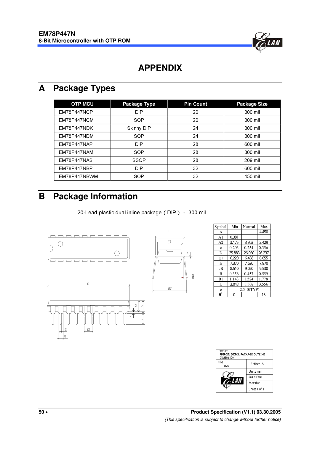 IBM EM78P447N manual Lead plastic dual inline package（DIP）－ 300 mil, Package Type Pin Count Package Size 