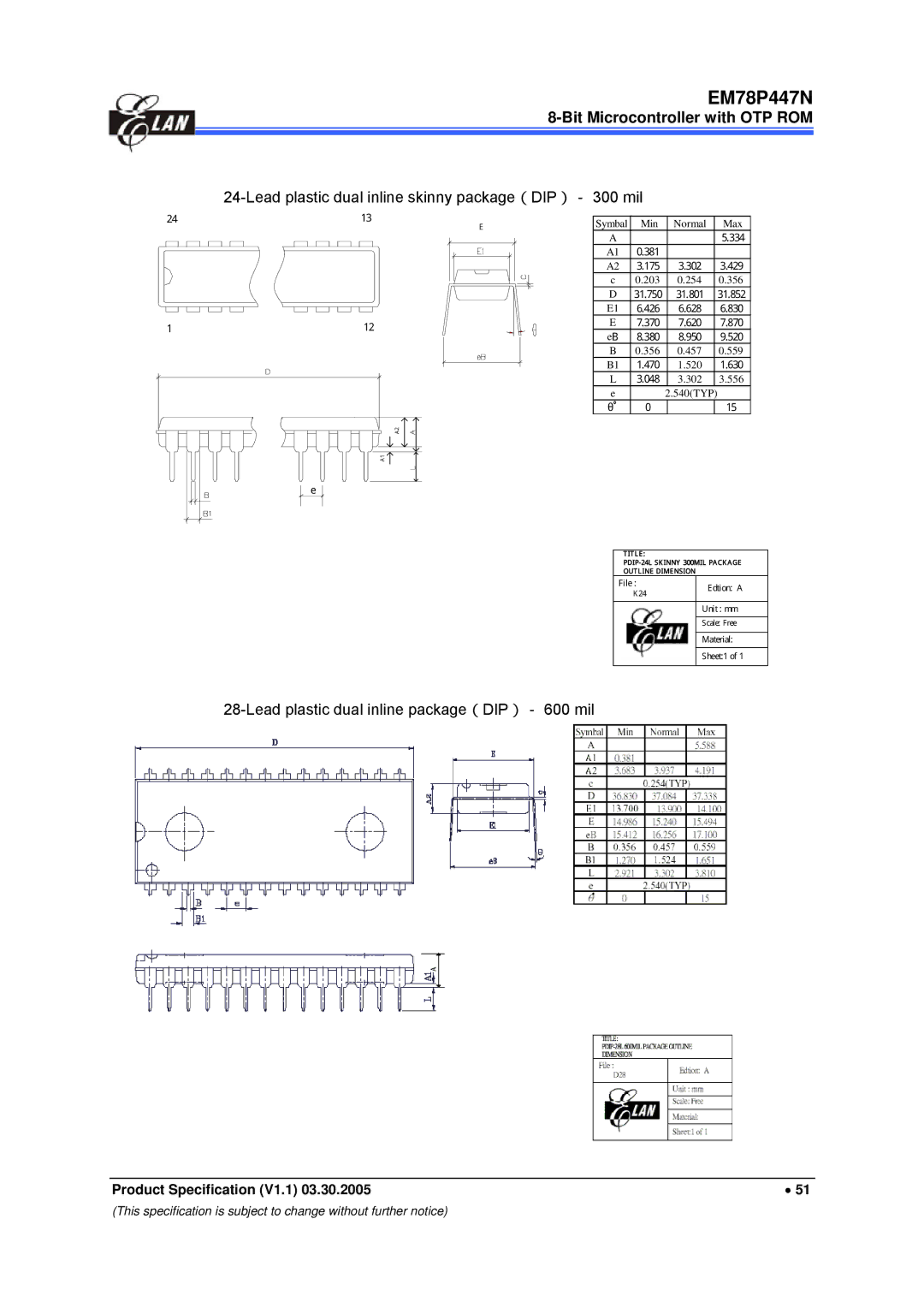 IBM EM78P447N manual Lead plastic dual inline skinny package（DIP）－ 300 mil, Lead plastic dual inline package（DIP）－ 600 mil 