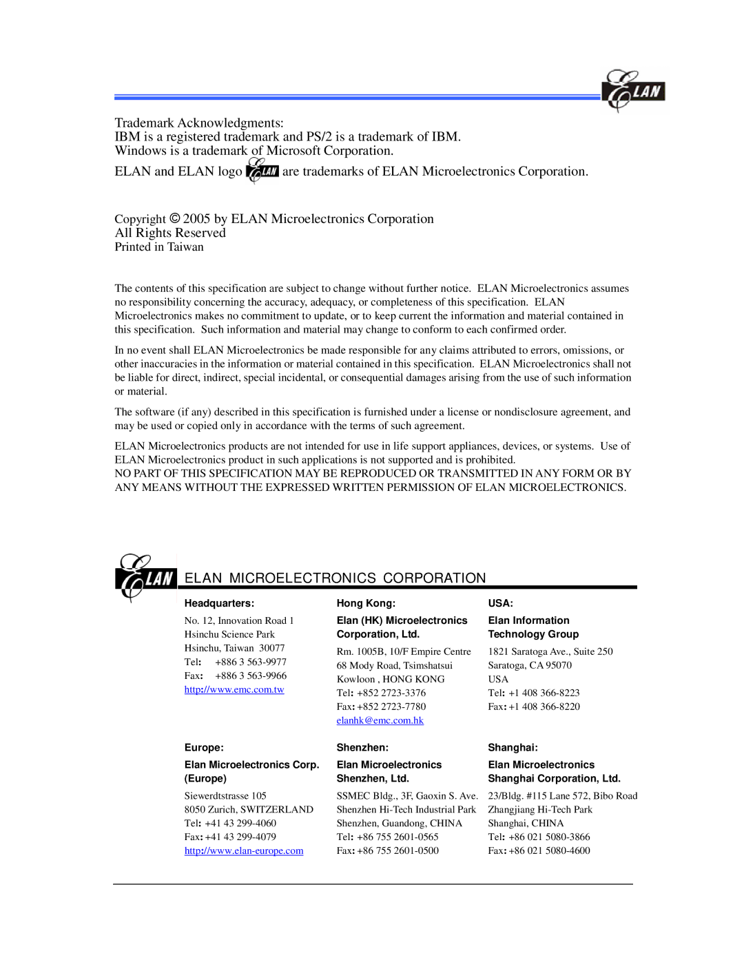 IBM EM78P809N manual Elan Microelectronics Corporation 