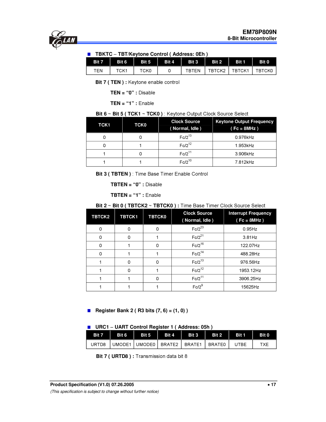 IBM EM78P809N manual Bit Microcontroller Tbktc − TBT/Keytone Control Address 0Eh, Bit 7 TEN Keytone enable control 