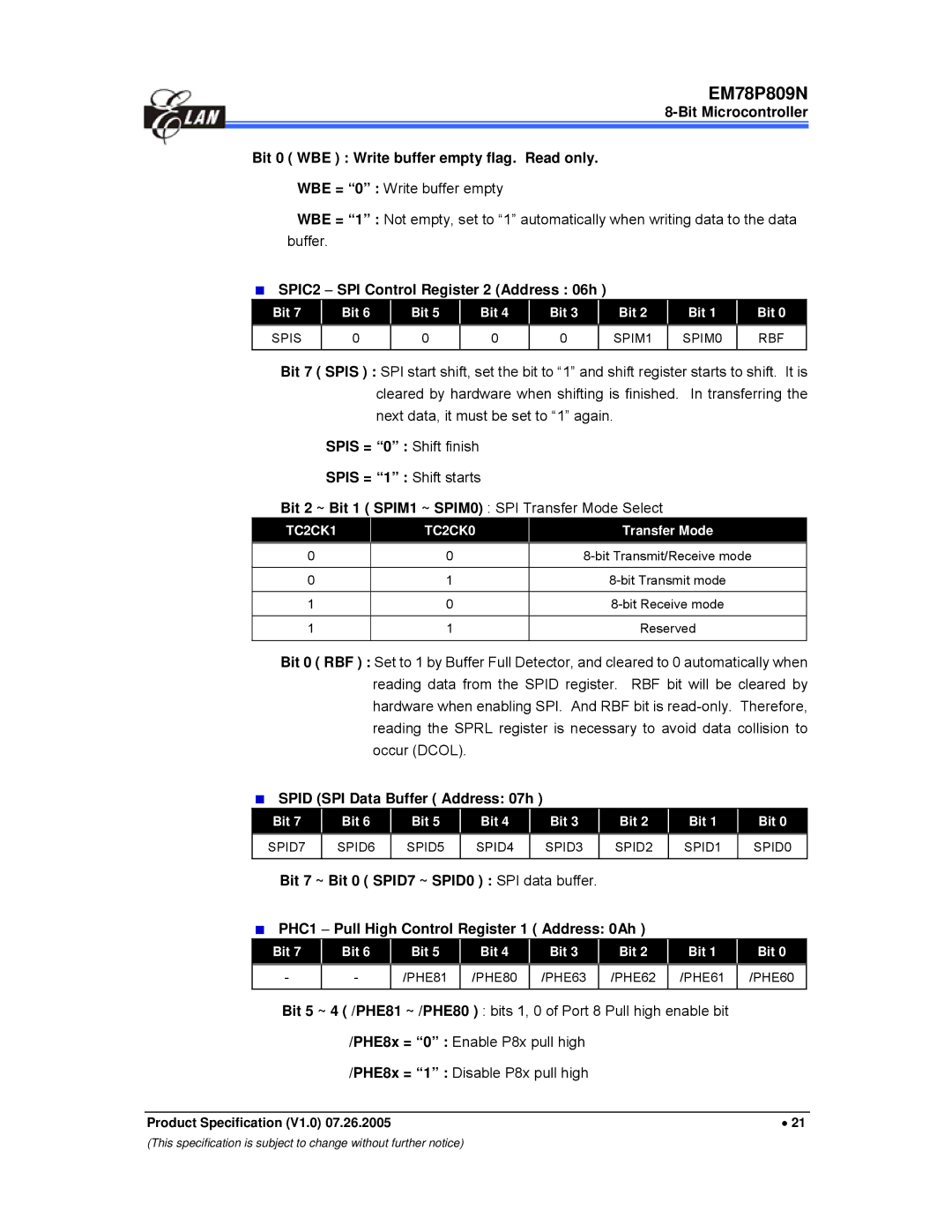 IBM EM78P809N manual SPIC2 − SPI Control Register 2 Address 06h, Spid SPI Data Buffer Address 07h, Transfer Mode 