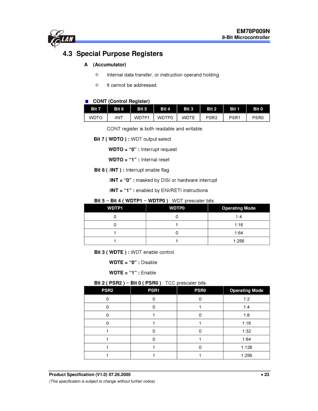 IBM EM78P809N manual Special Purpose Registers, Accumulator, Control Register, Bit 7 Wdto WDT output select 