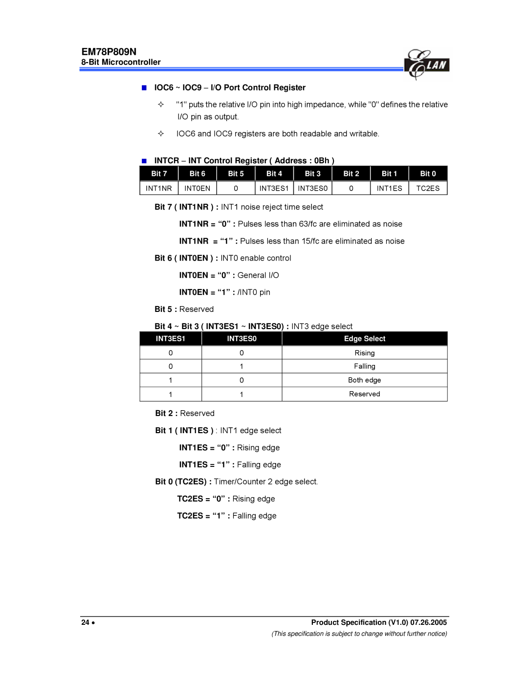 IBM EM78P809N manual Bit Microcontroller IOC6 ~ IOC9 − I/O Port Control Register, Intcr − INT Control Register Address 0Bh 