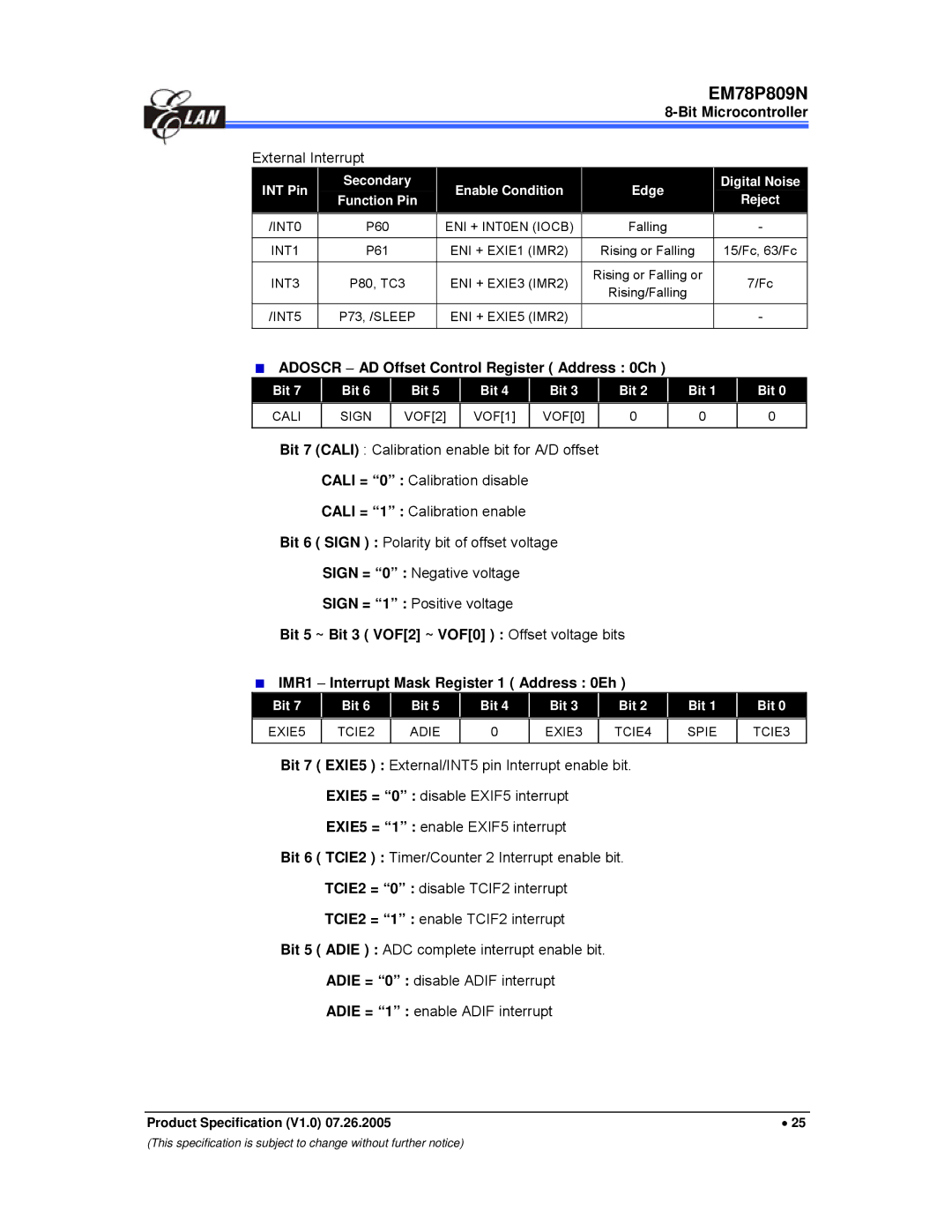 IBM EM78P809N manual External Interrupt, Adoscr − AD Offset Control Register Address 0Ch, Edge, Digital Noise Reject 