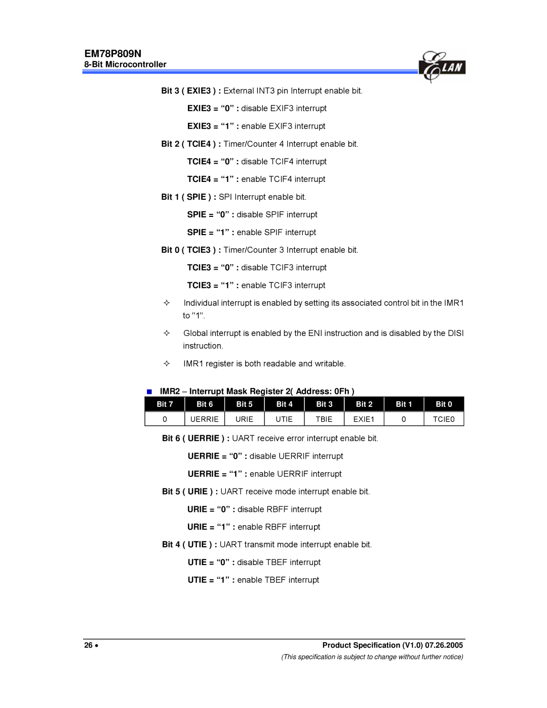 IBM EM78P809N manual IMR2 − Interrupt Mask Register 2 Address 0Fh, Uerrie Urie Utie Tbie EXIE1 TCIE0 