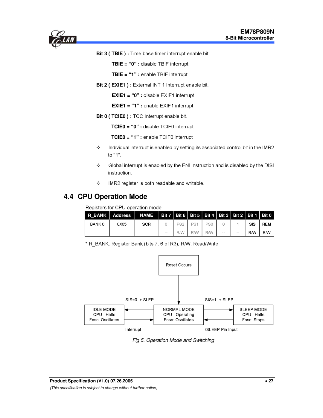 IBM EM78P809N CPU Operation Mode, Registers for CPU operation mode, Rbank Register Bank bits 7, 6 of R3, R/W Read/Write 