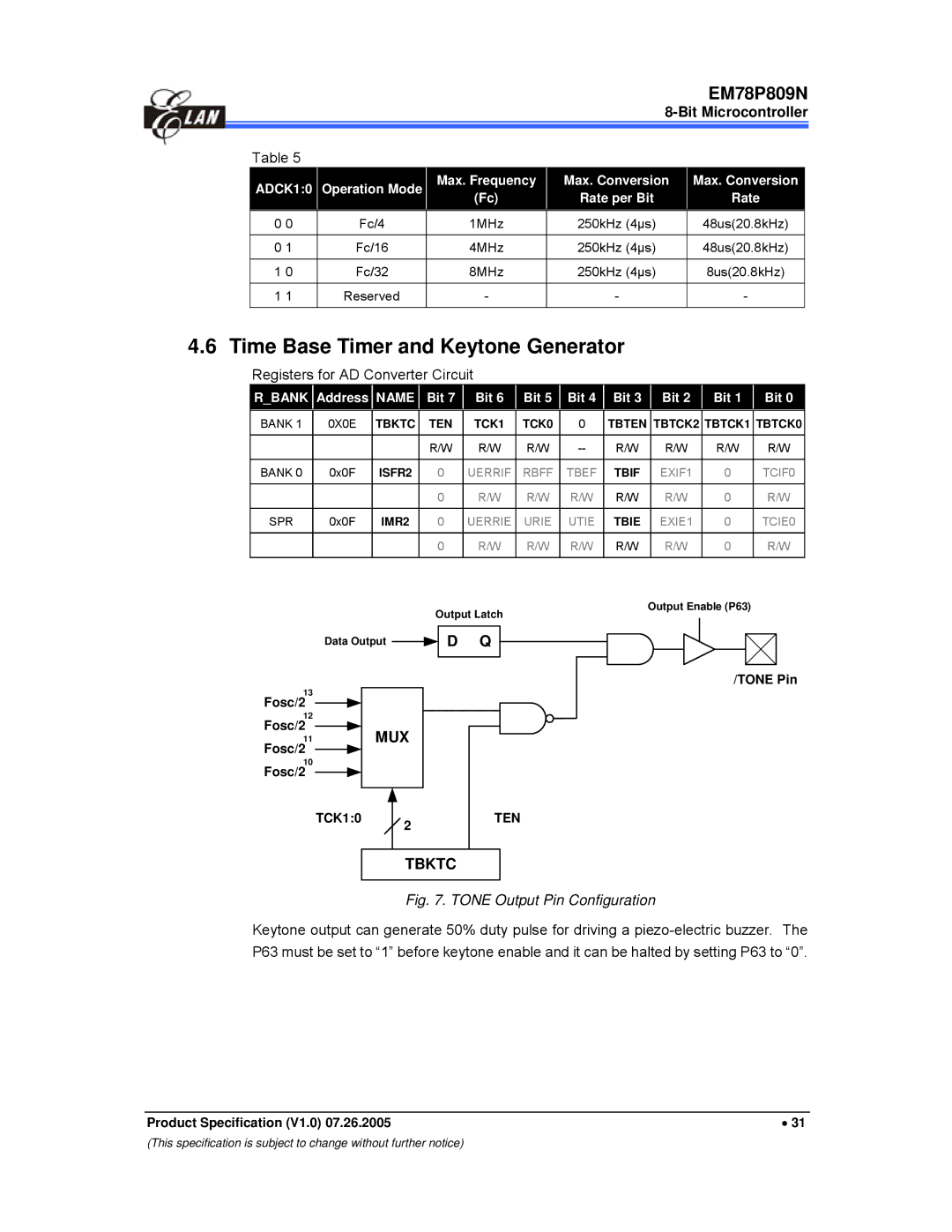 IBM EM78P809N manual Time Base Timer and Keytone Generator, ADCK10, Max. Frequency Max. Conversion Rate per Bit 