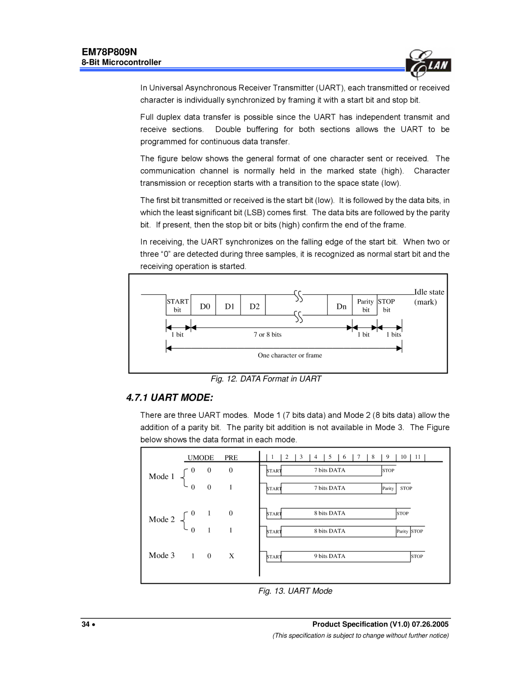 IBM EM78P809N manual Uart Mode, Data Format in Uart 