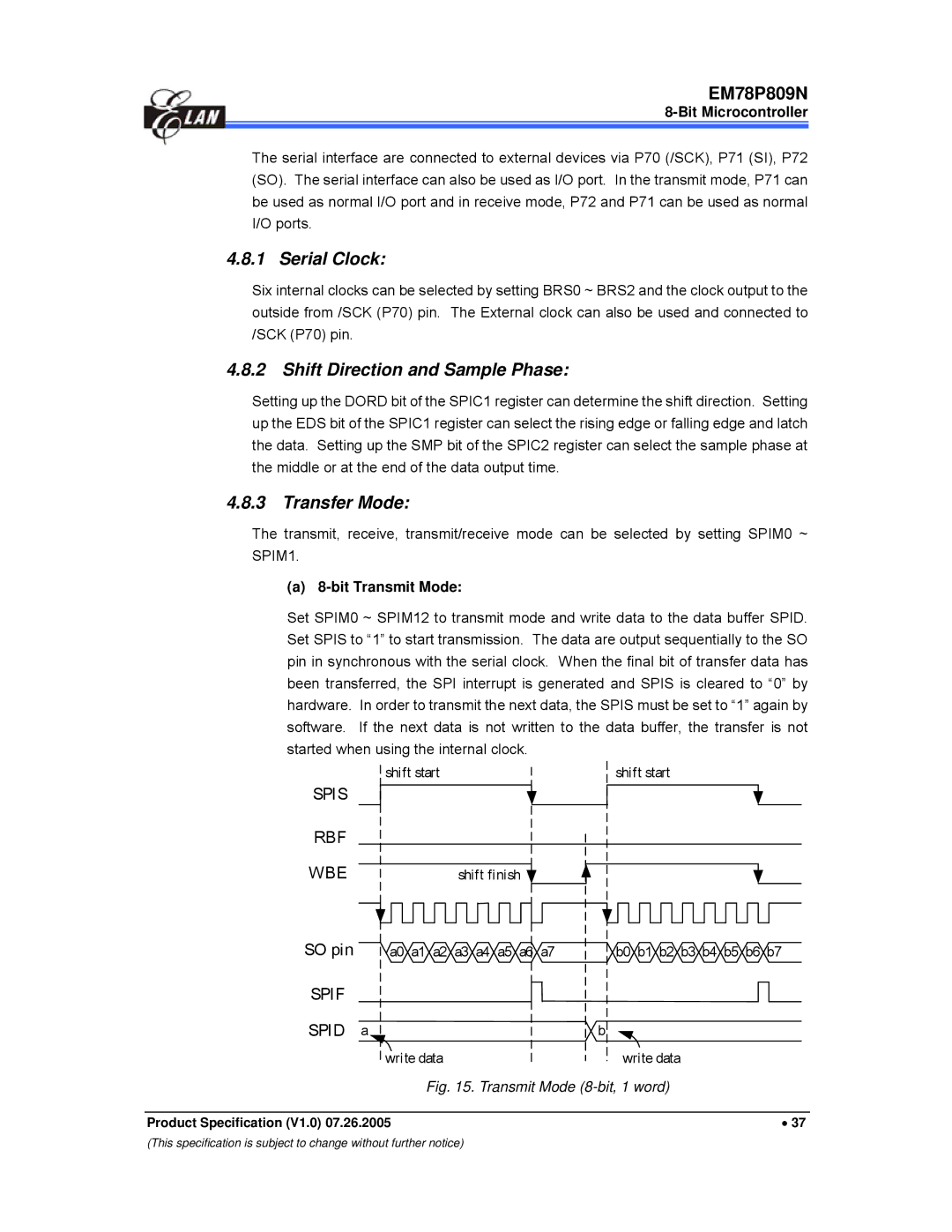 IBM EM78P809N manual Serial Clock, Shift Direction and Sample Phase, Transfer Mode, Bit Transmit Mode 