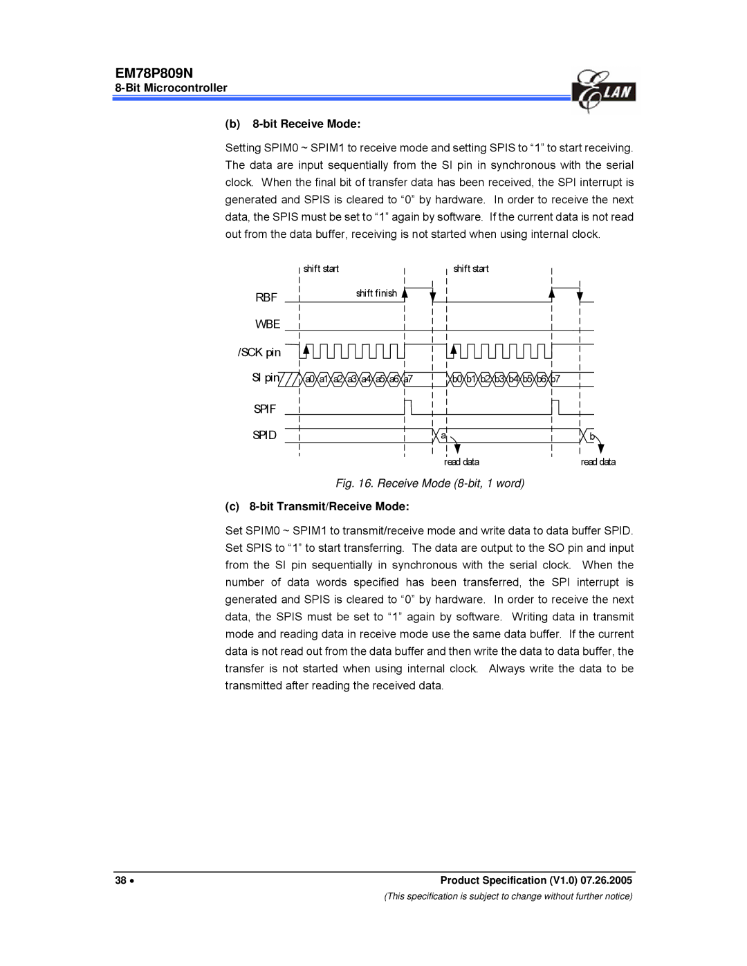 IBM EM78P809N manual Bit Microcontroller Bit Receive Mode, Bit Transmit/Receive Mode 