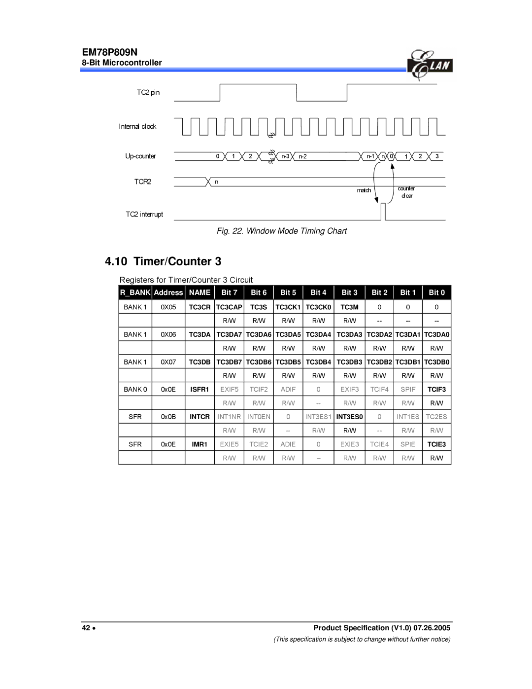 IBM EM78P809N manual Window Mode Timing Chart, Registers for Timer/Counter 3 Circuit 