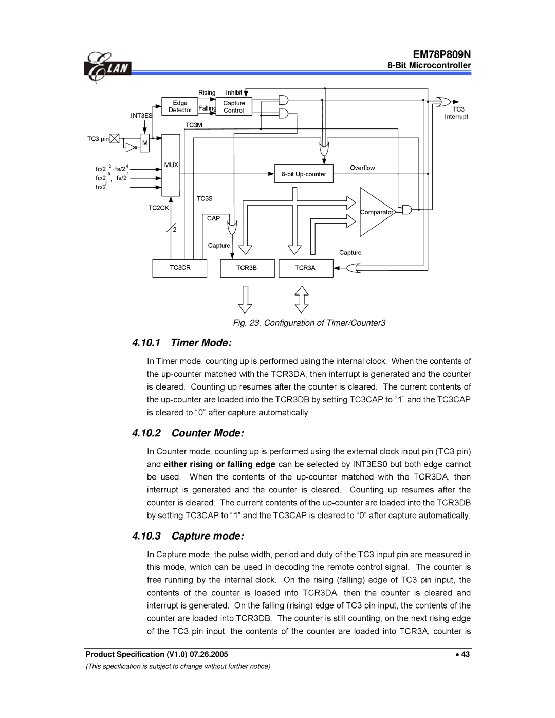 IBM EM78P809N manual Capture mode, Configuration of Timer/Counter3 