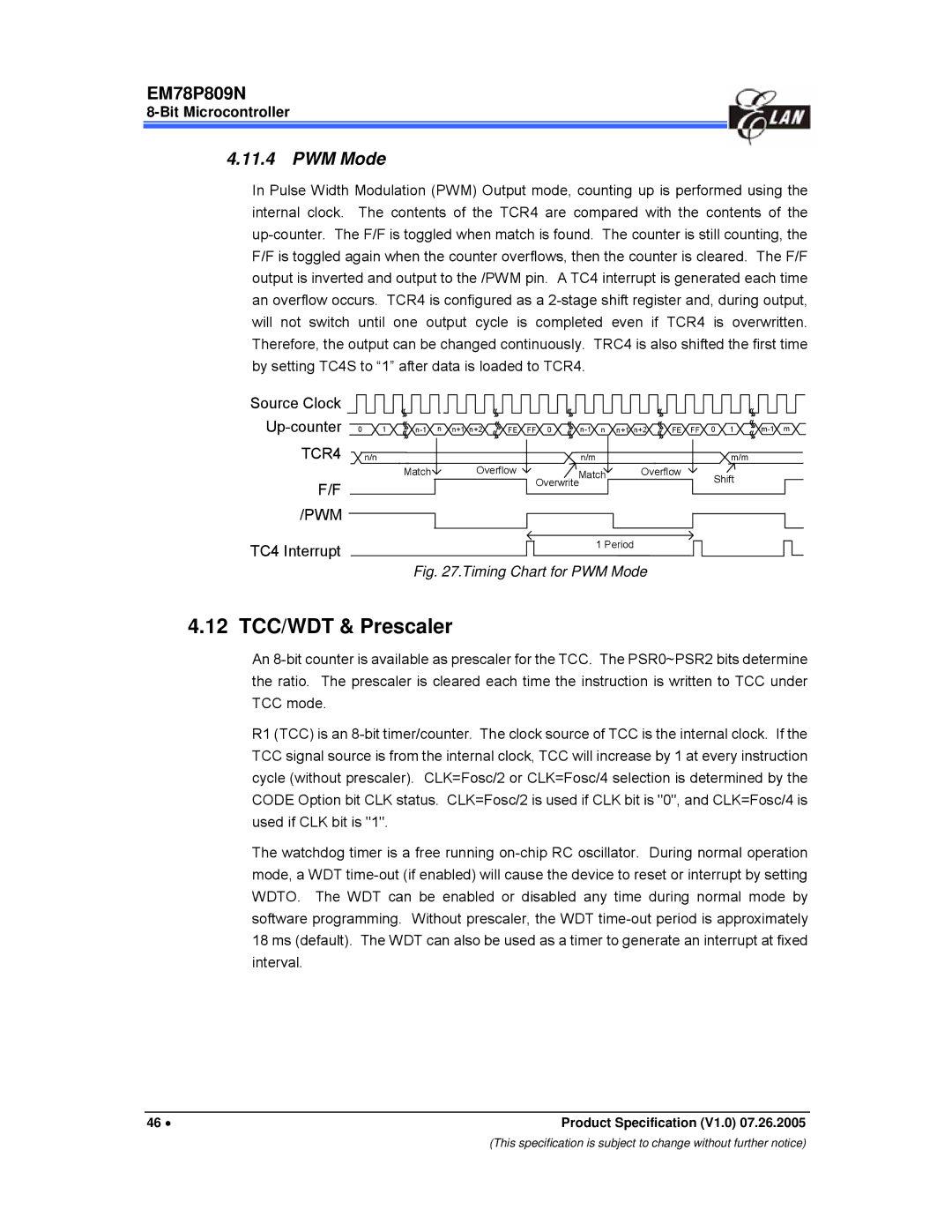 IBM EM78P809N manual 12 TCC/WDT & Prescaler, PWM Mode, TC4 Interrupt 