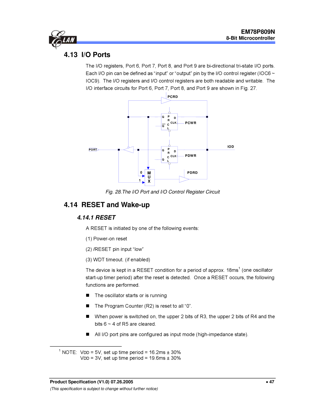 IBM EM78P809N manual 13 I/O Ports, Reset and Wake-up 