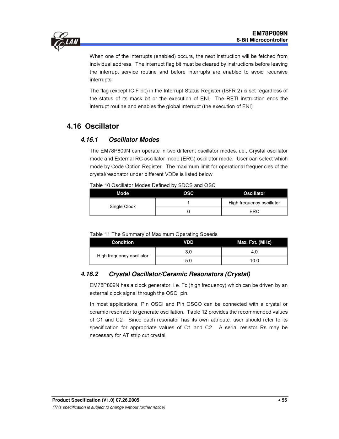 IBM EM78P809N Oscillator Modes, Crystal Oscillator/Ceramic Resonators Crystal, Summary of Maximum Operating Speeds 