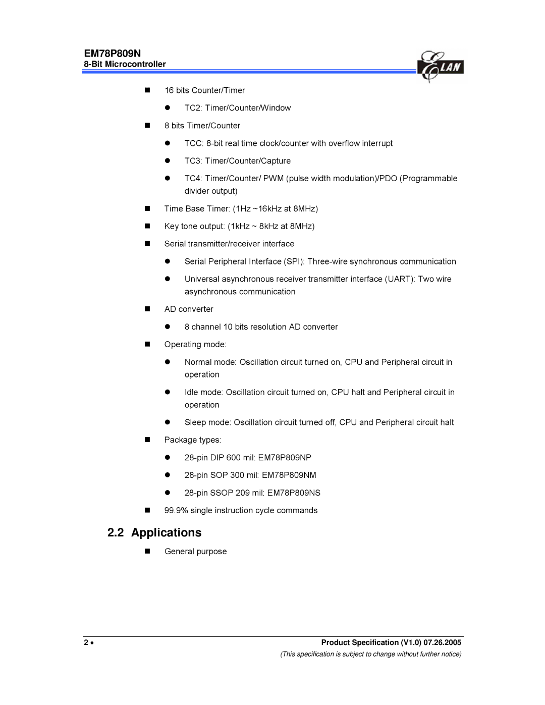 IBM EM78P809N manual Applications, „ General purpose 