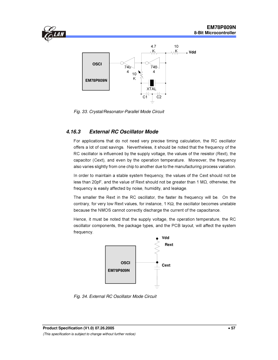 IBM EM78P809N manual External RC Oscillator Mode, Crystal/Resonator-Parallel Mode Circuit 