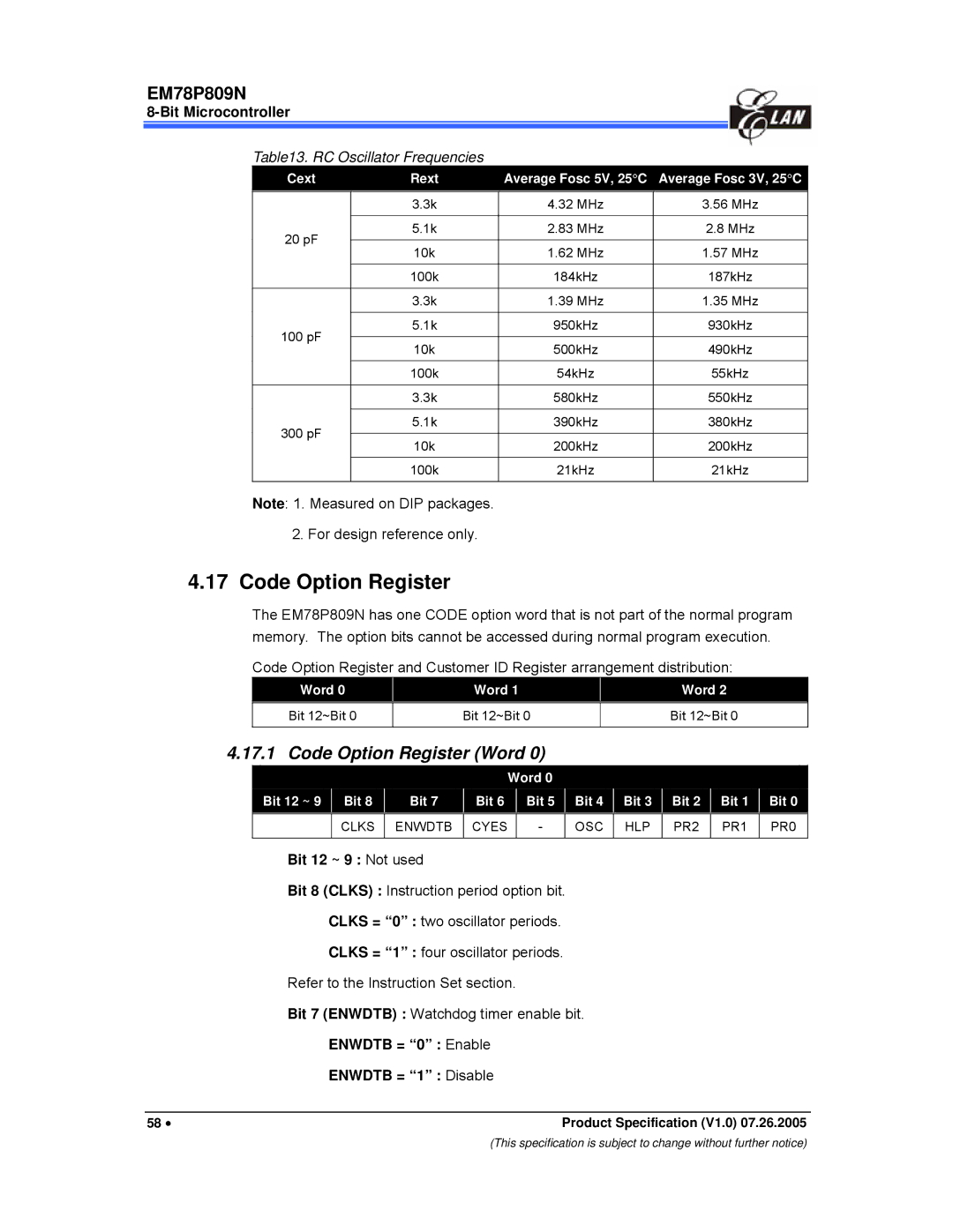 IBM EM78P809N manual Code Option Register Word, For design reference only, Bit 12 ~ 9 Not used 