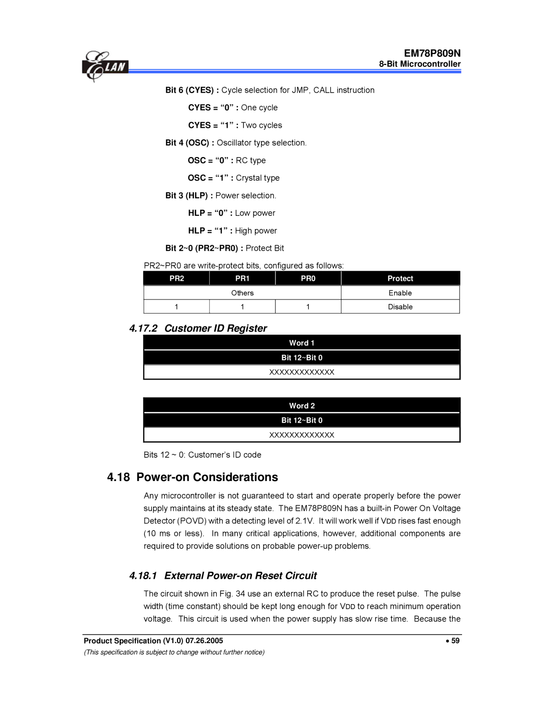 IBM EM78P809N manual Power-on Considerations, Customer ID Register, External Power-on Reset Circuit 