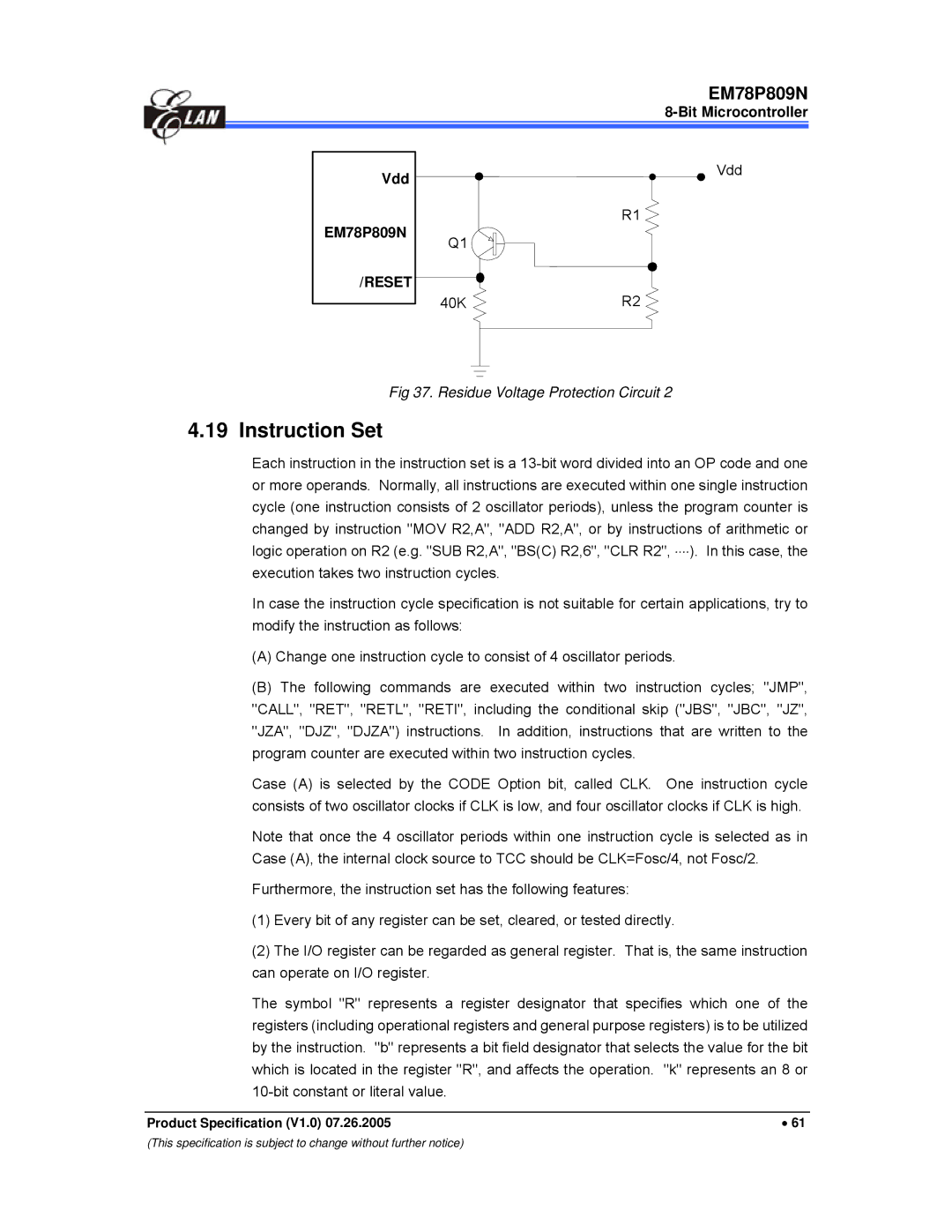 IBM EM78P809N manual Instruction Set, Vdd 40KR2 