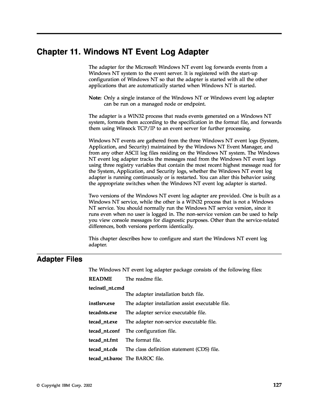 IBM Enterprise Console manual Windows NT Event Log Adapter, Adapter Files 