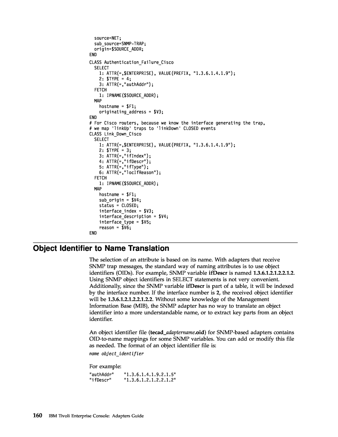 IBM Enterprise Console manual Object Identifier to Name Translation, name objectidentifier 