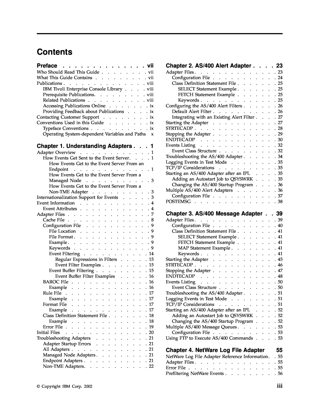IBM Enterprise Console manual Contents, Preface, AS/400 Alert Adapter, Understanding Adapters, AS/400 Message Adapter 
