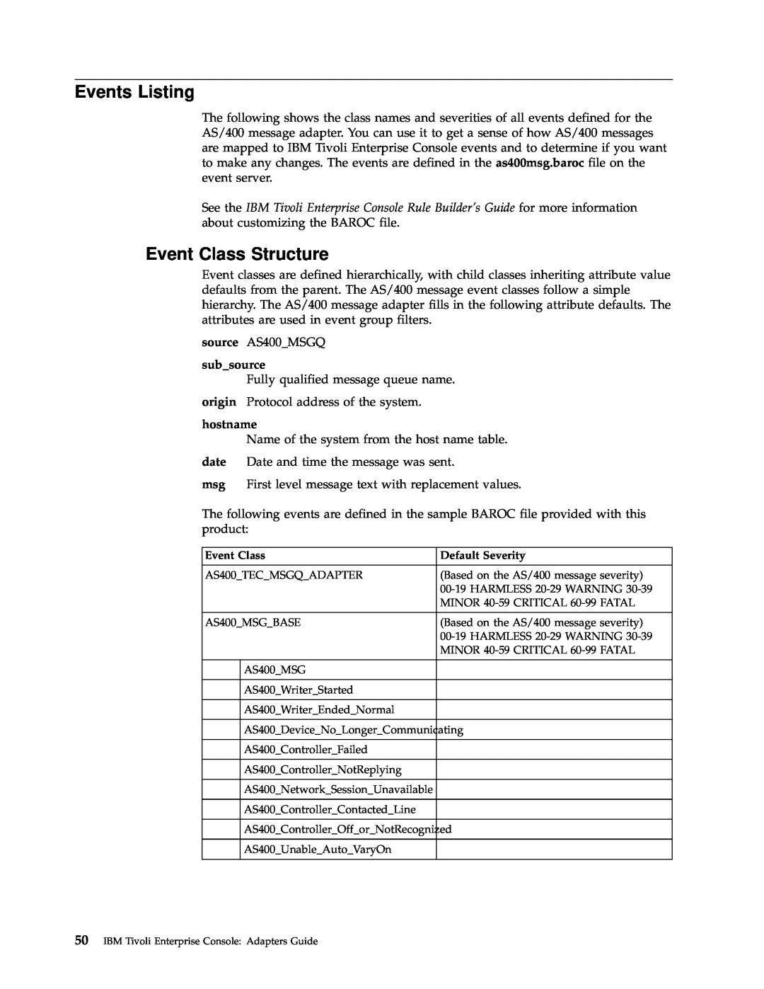 IBM Enterprise Console manual Events Listing, Event Class Structure, subsource, hostname 