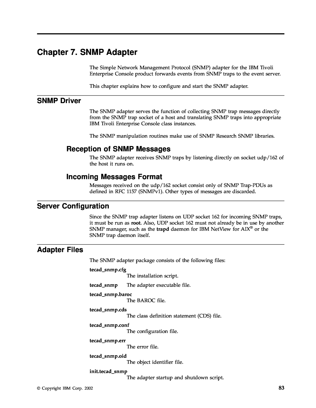 IBM Enterprise Console manual SNMP Adapter, SNMP Driver, Reception of SNMP Messages, Server Configuration, Adapter Files 