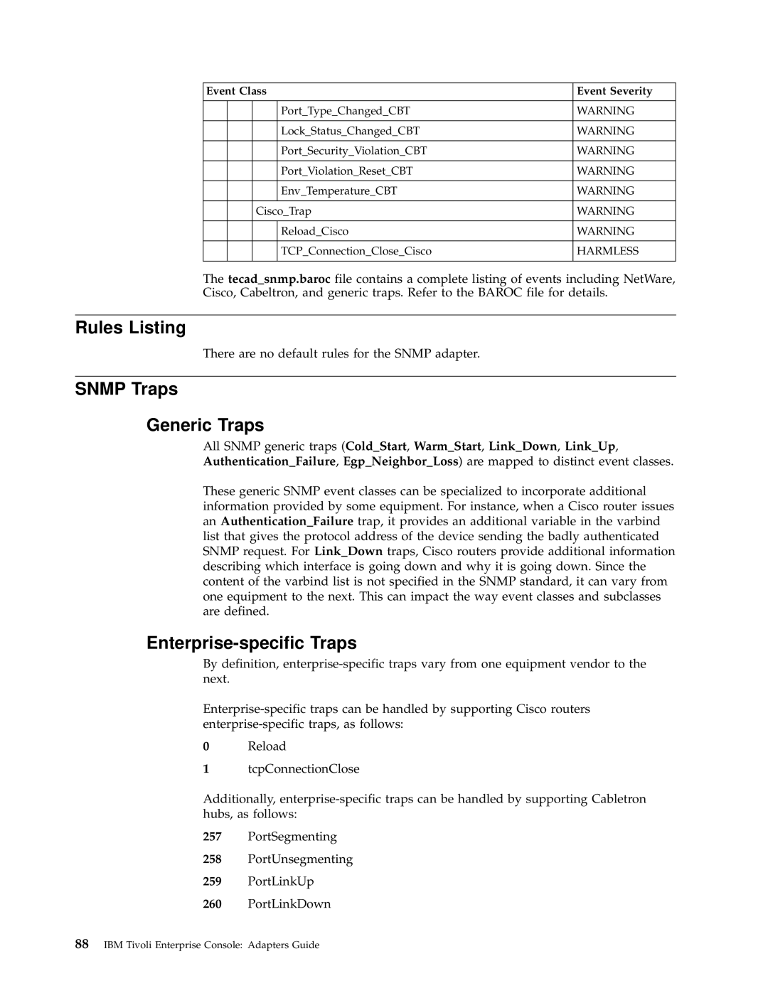 IBM Enterprise Console manual Rules Listing, Snmp Traps Generic Traps, Enterprise-specific Traps 