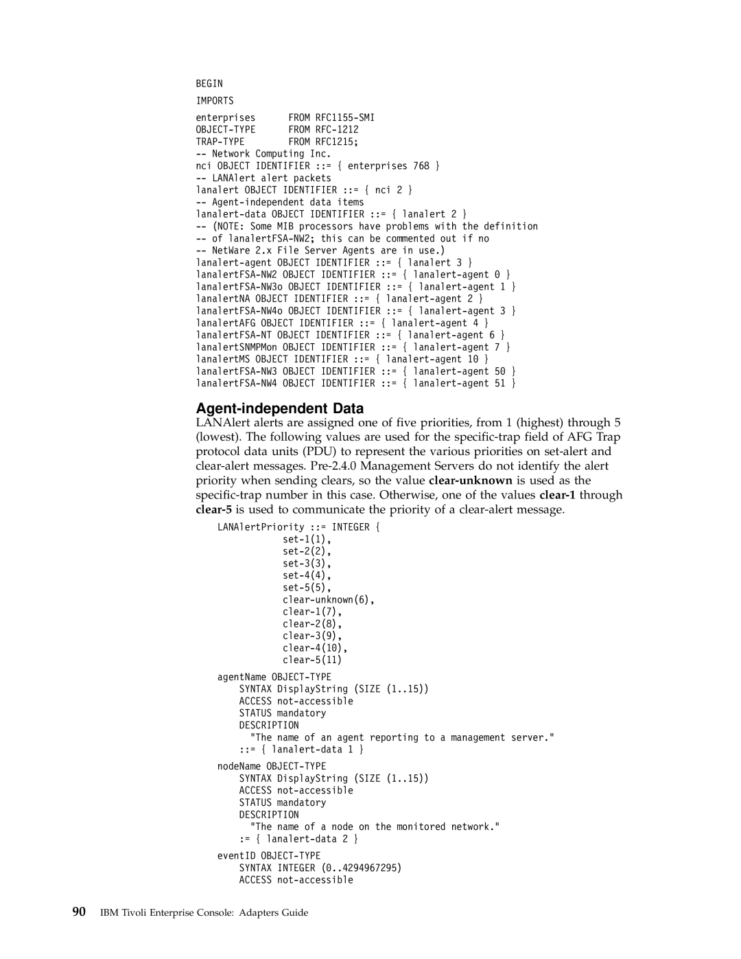 IBM Enterprise Console manual Agent-independent Data, Begin Imports, OBJECT-TYPE From RFC-1212 TRAP-TYPE From RFC1215 