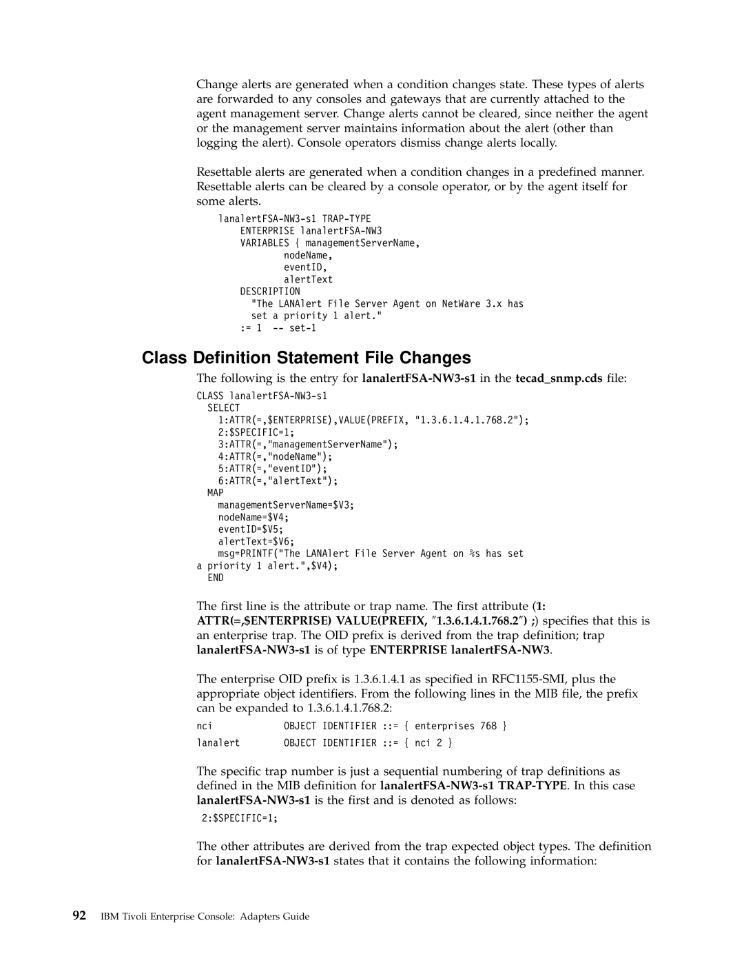 IBM Enterprise Console manual Class Definition Statement File Changes, $SPECIFIC=1 