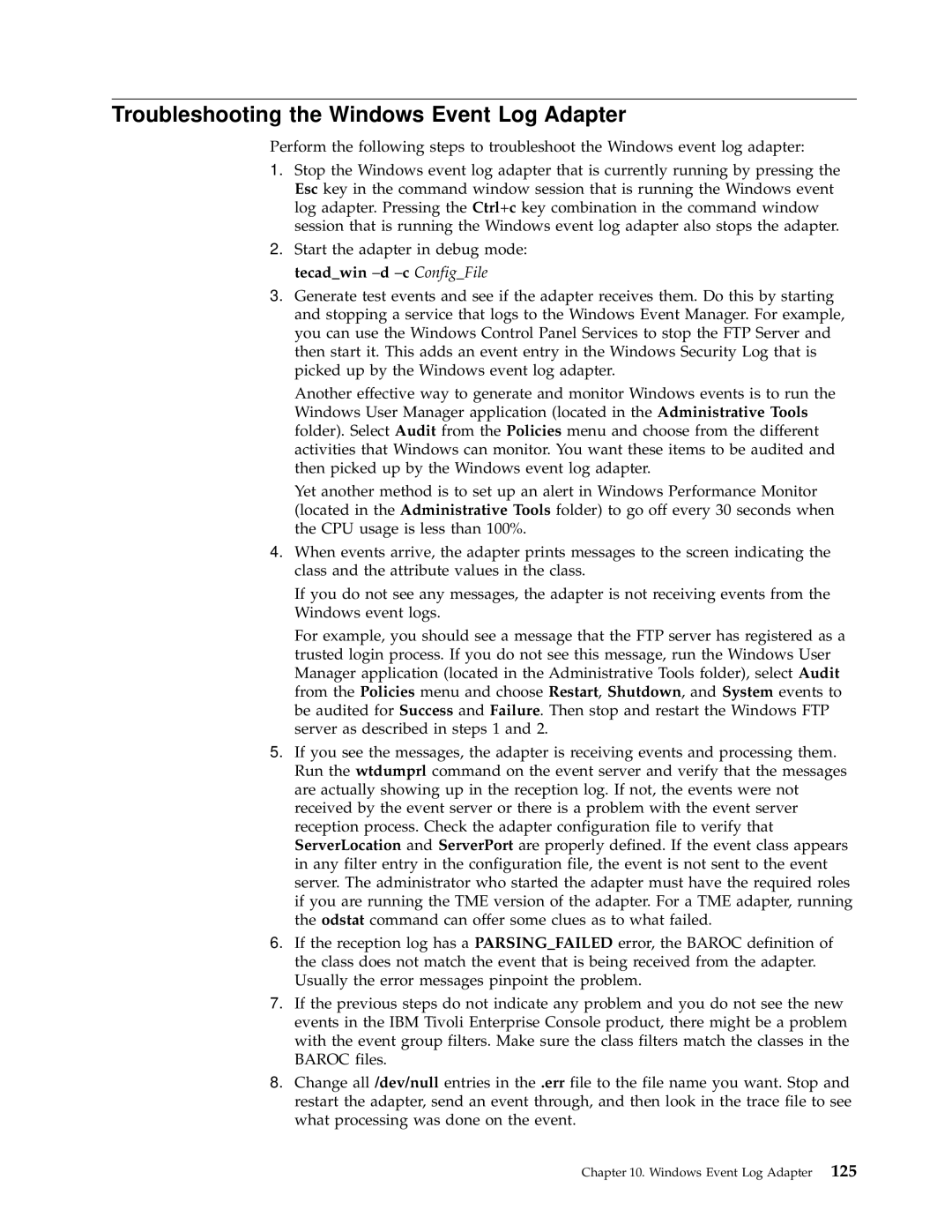 IBM Enterprise Console manual Troubleshooting the Windows Event Log Adapter 