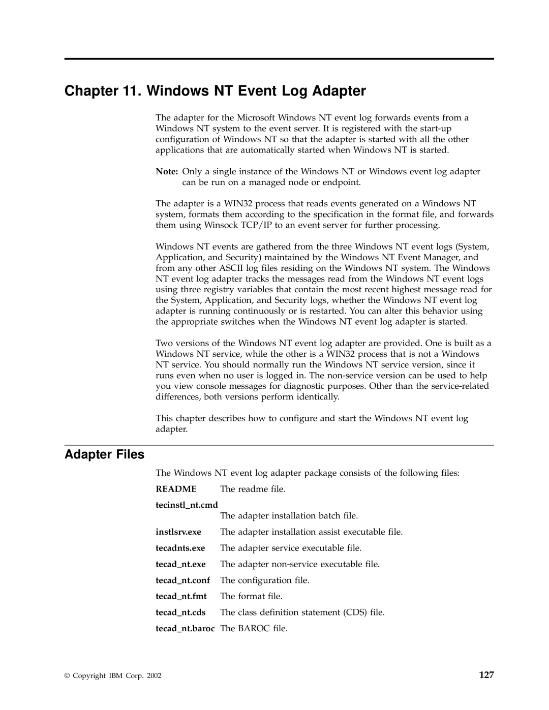 IBM Enterprise Console manual Windows NT Event Log Adapter, 127 