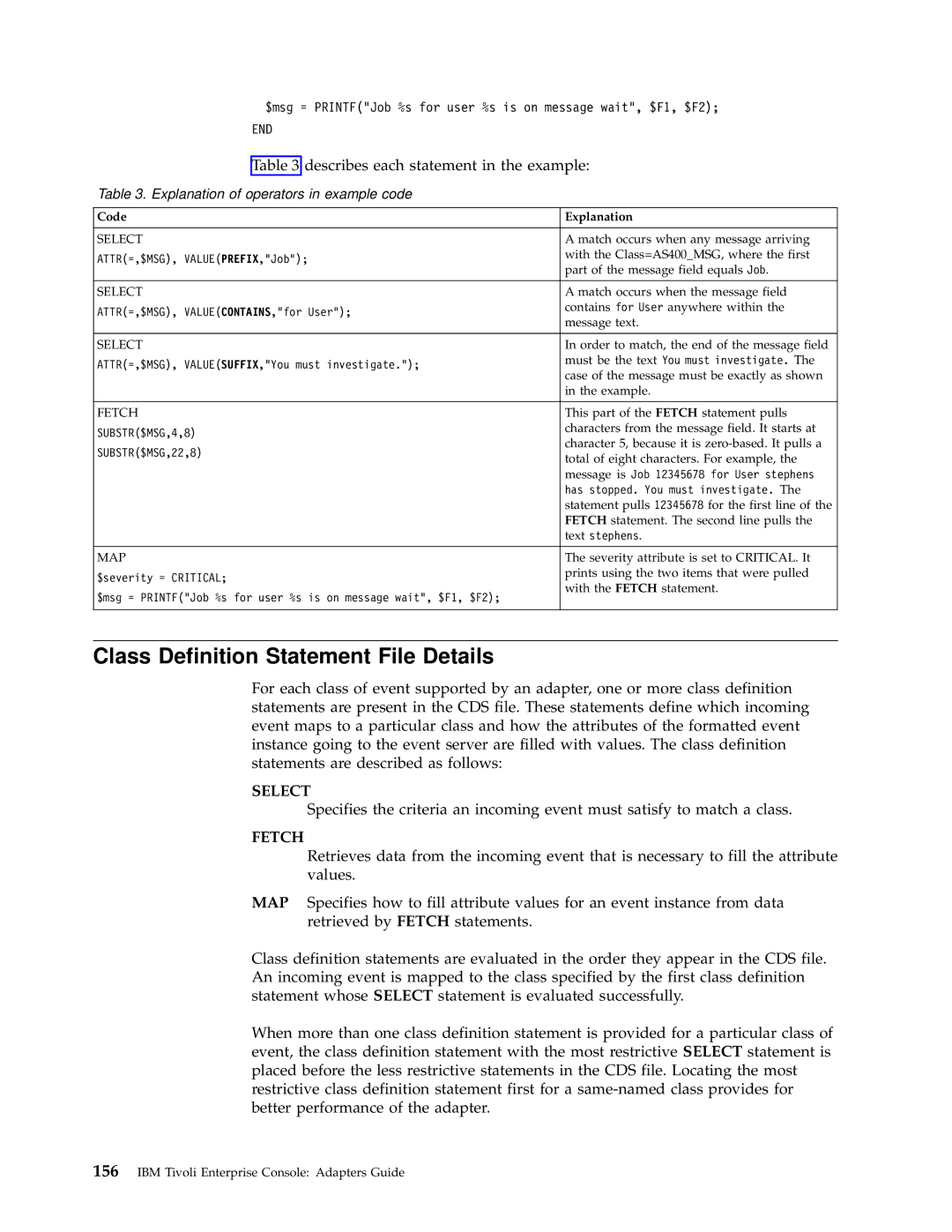 IBM Enterprise Console manual Class Definition Statement File Details, Describes each statement in the example 