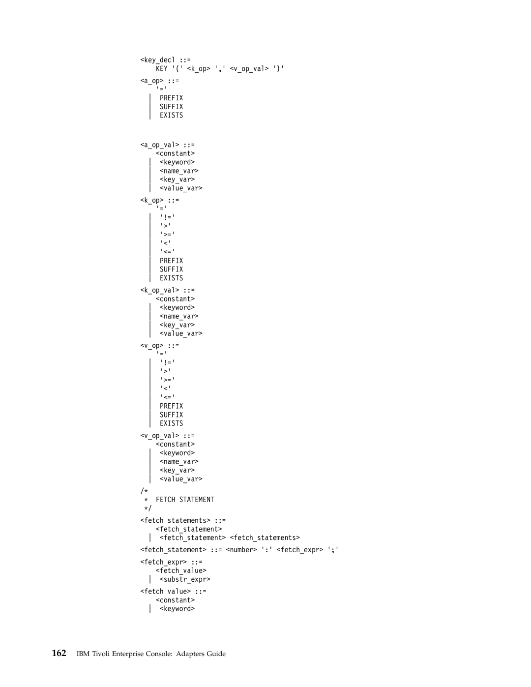 IBM Enterprise Console manual Prefix Suffix Exists, Fetch Statement 