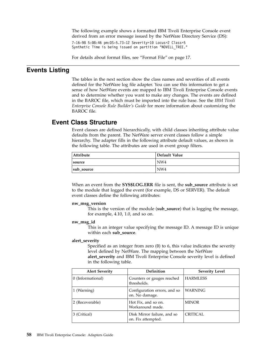 IBM Enterprise Console manual Nwmsgversion, Nwmsgid, Alertseverity, Attribute Source Subsource Default Value 