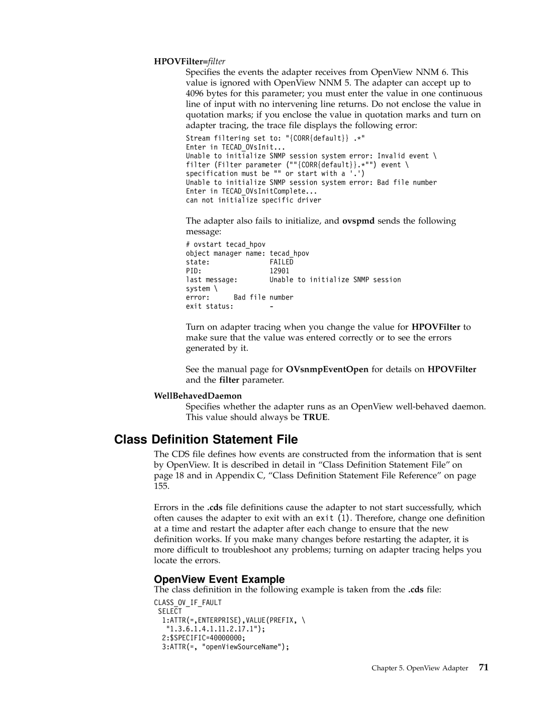 IBM Enterprise Console manual OpenView Event Example, HPOVFilter=filter, WellBehavedDaemon 