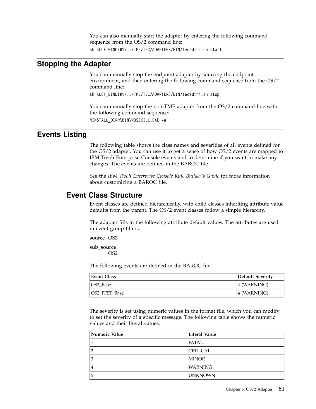 IBM Enterprise Console manual Source OS2 Subsource OS2, Event Class, Numeric Value Literal Value 