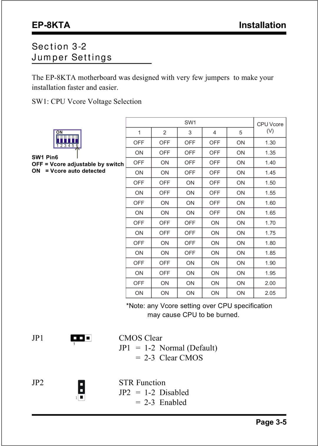 IBM EP-8KTA specifications Section Jumper Settings, JP1 JP2 