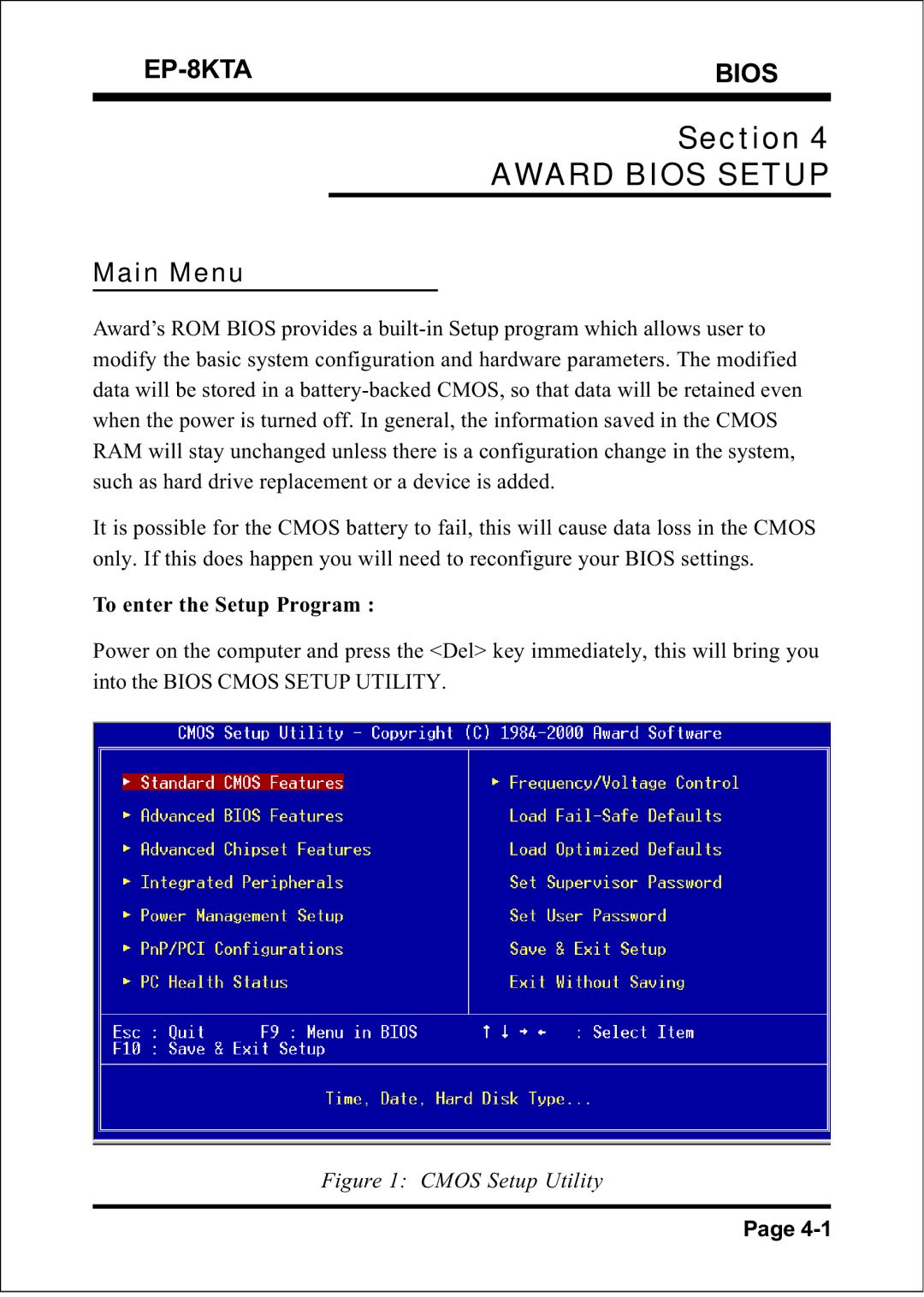 IBM EP-8KTA specifications Award Bios Setup, Main Menu 