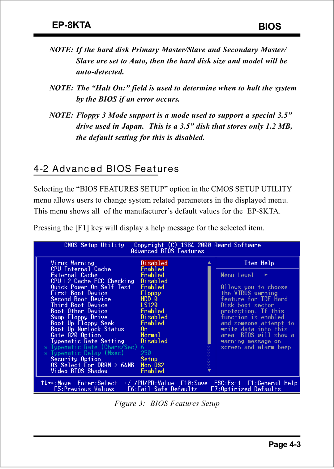 IBM EP-8KTA specifications Advanced Bios Features, Bios Features Setup 