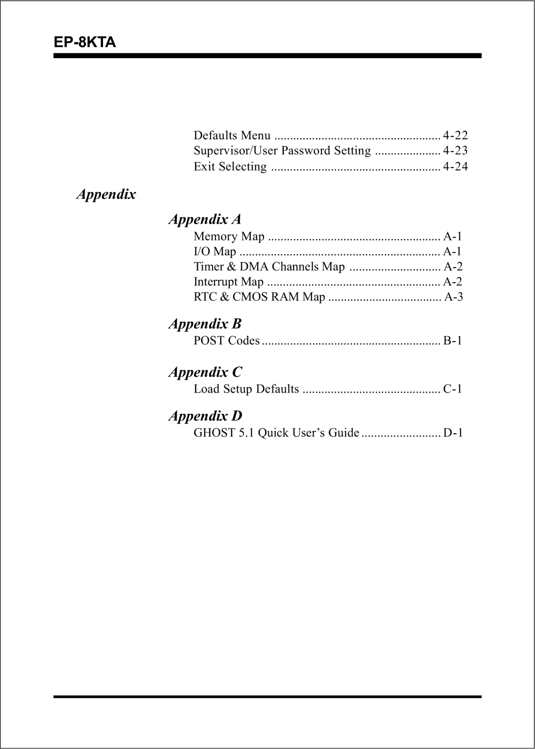 IBM EP-8KTA specifications Appendix Appendix a, Appendix B, Appendix C, Appendix D 