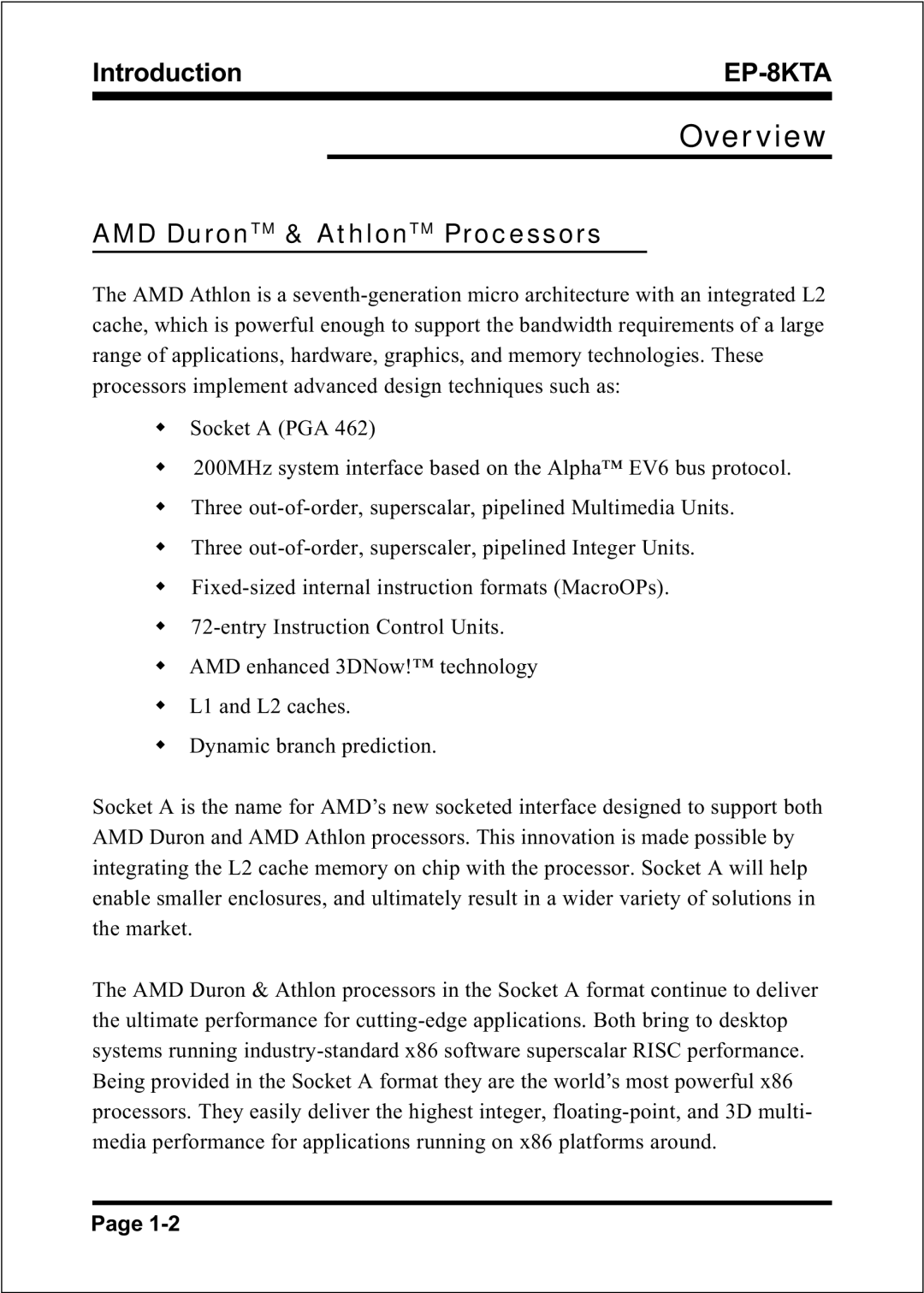 IBM EP-8KTA specifications Overview, AMD DuronTM & AthlonTM Processors 