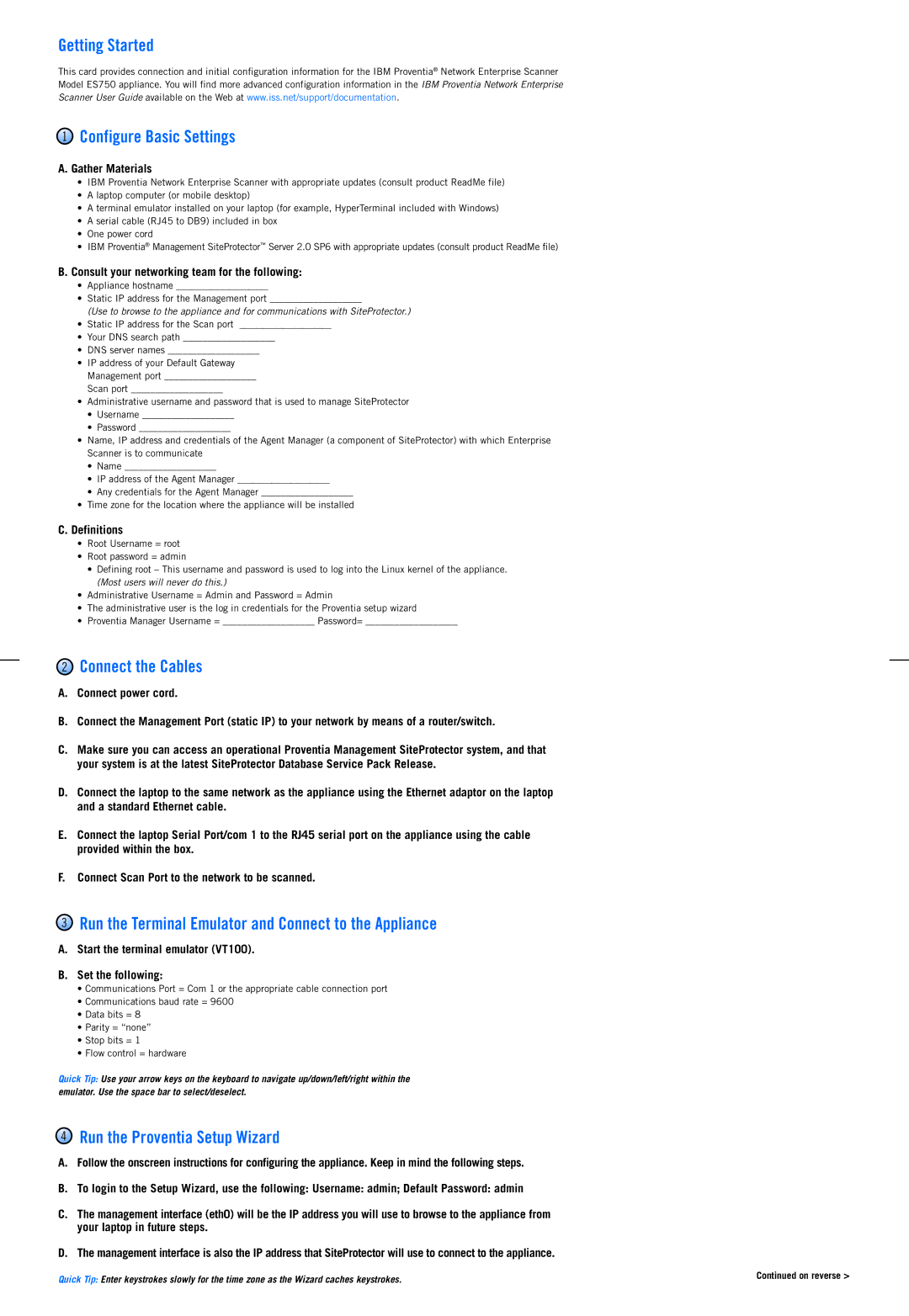 IBM ES750 manual Getting Started Configure Basic Settings, Connect the Cables, Run the Proventia Setup Wizard 