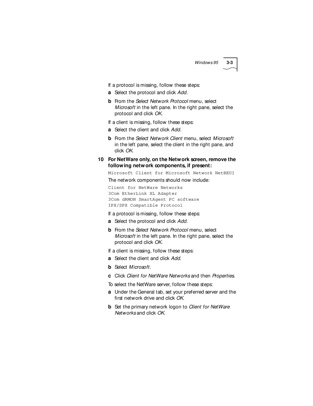 IBM EtherLink XL manual Network components should now include 